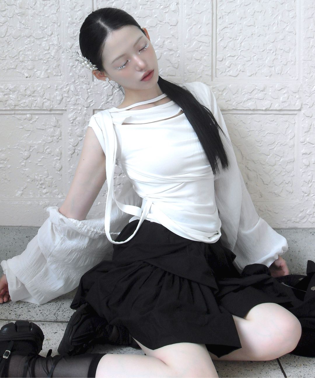 MUSINSA | FLAREUP Asymmetrical Draped Layered Skirt (FL