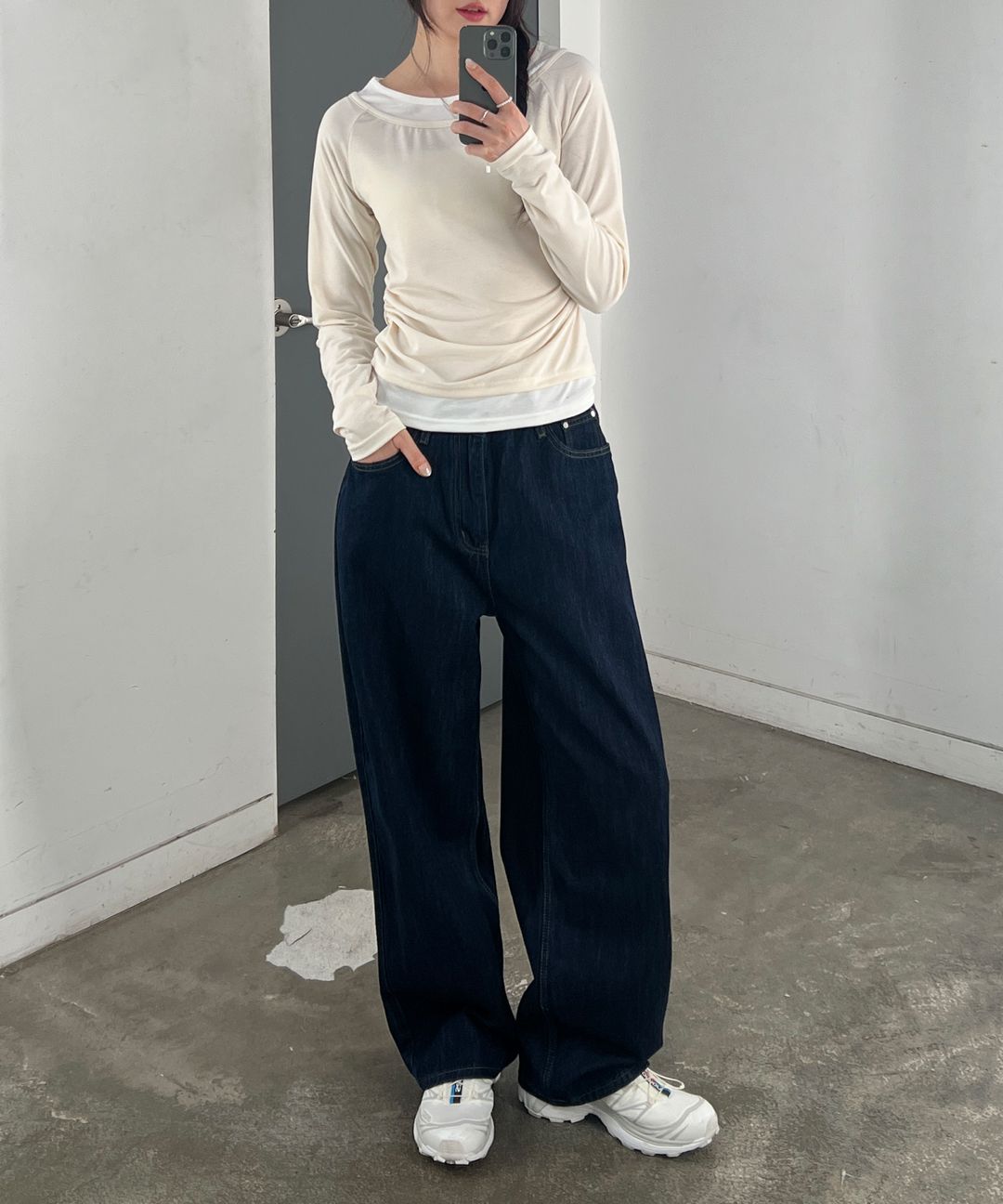 【Anyone more】Lint Gray Washing Denim Wide Pants Washed Grey Western Detail Wide Leg Jeans | Denim