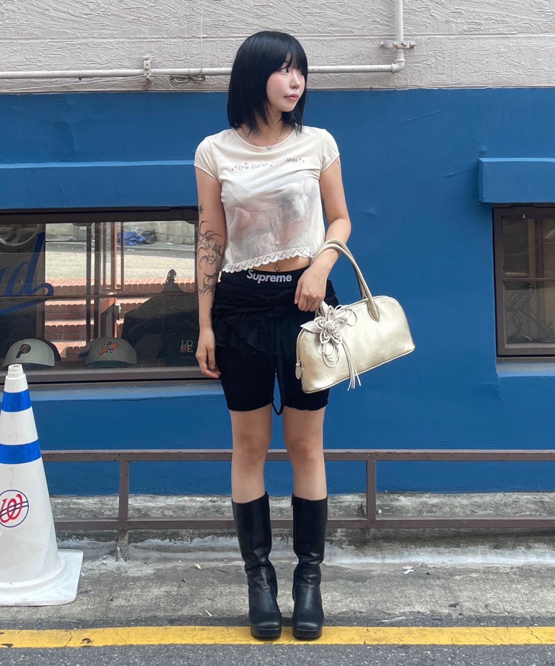 MUSINSA | SCULPTOR Lace Crop Baby Tee Mystic Blue