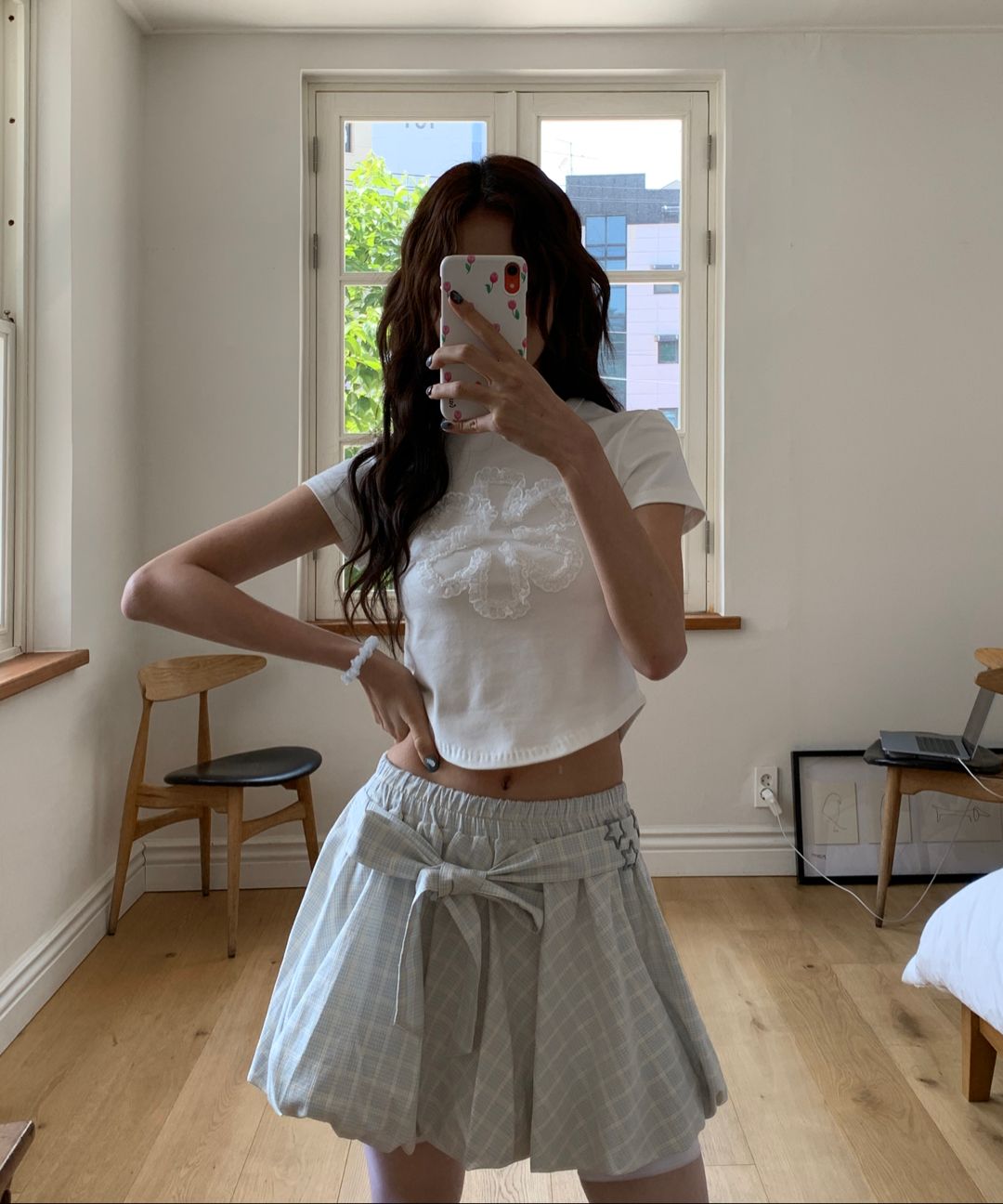 MUSINSA | DELAYOFF Ribbon Point Check Banding Balloon Mini Skirt