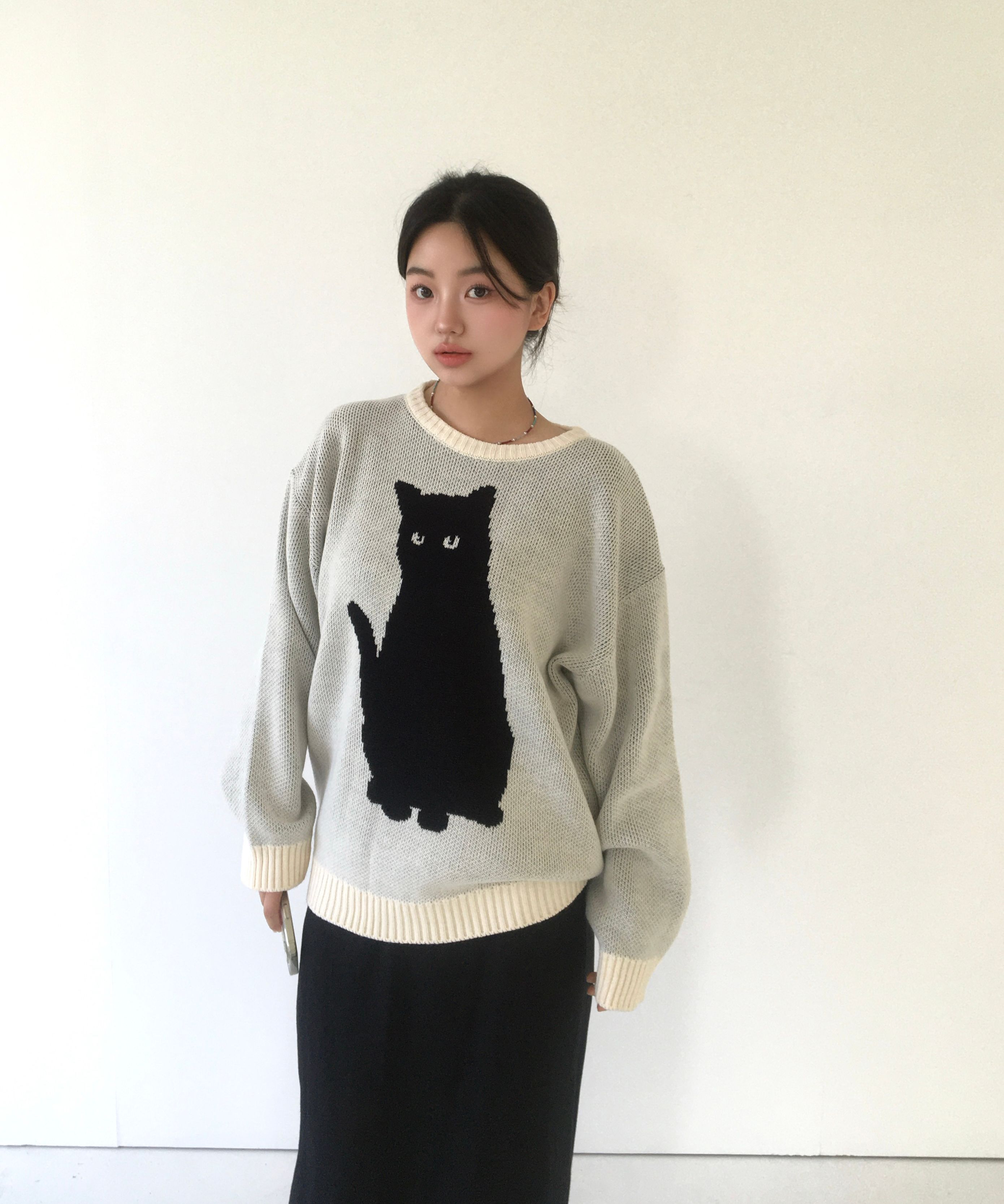 LI HUA 猫 インターシャ ニット 黒 アーティストコラボ：LOISIR×TORANEKOBONBONインターシャニット