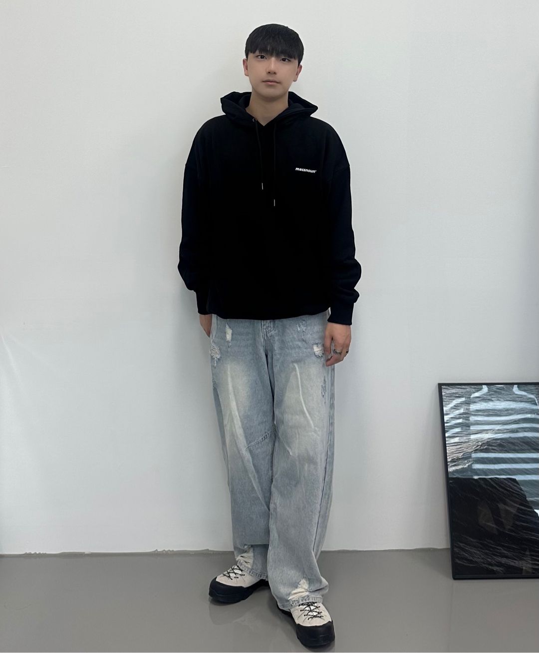 MUSINSA公式 | MASSNOUN Smile Oversized Heavy Hoodie MWZHD001-NV