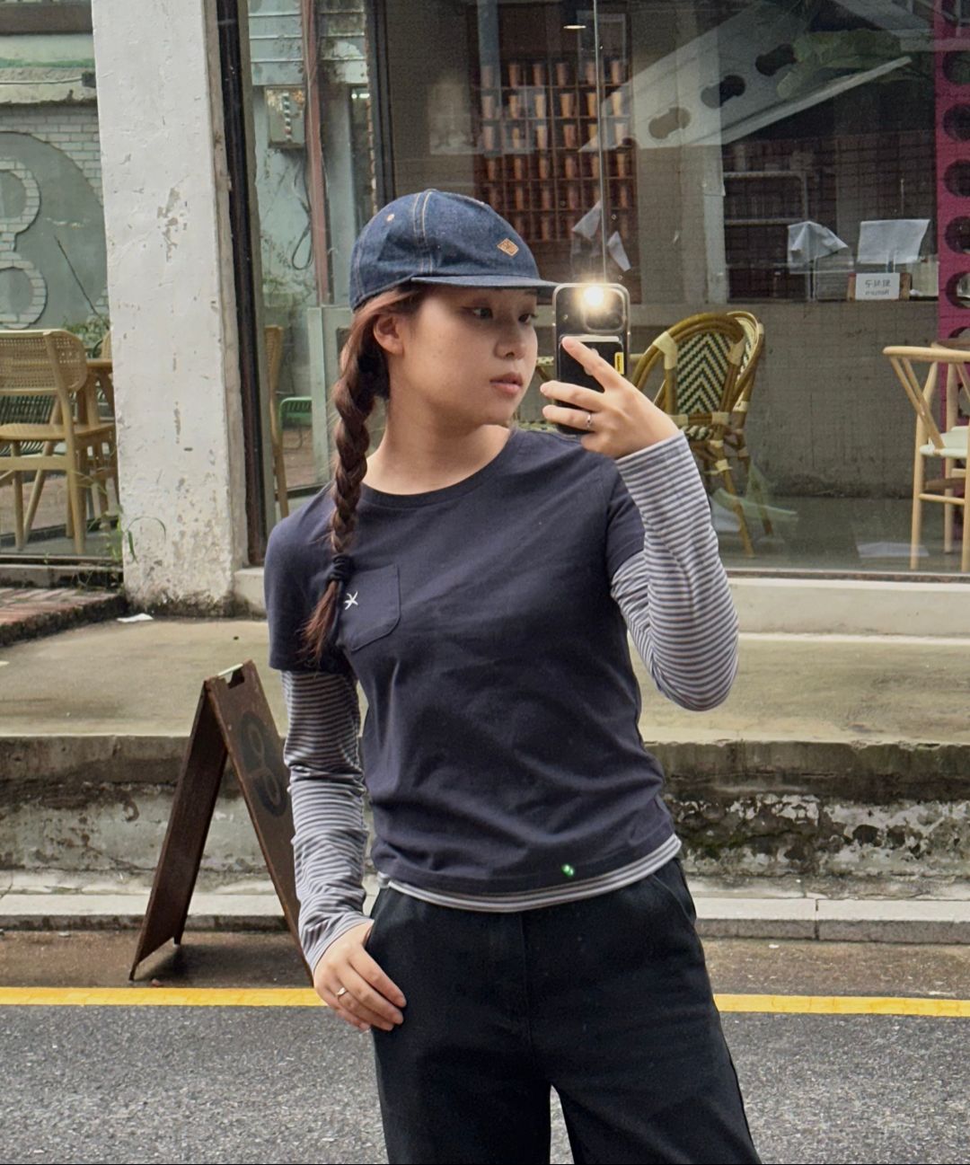 MUSINSA公式 | THE COLDEST MOMENT TCM stripe layered long sleeve (navy)