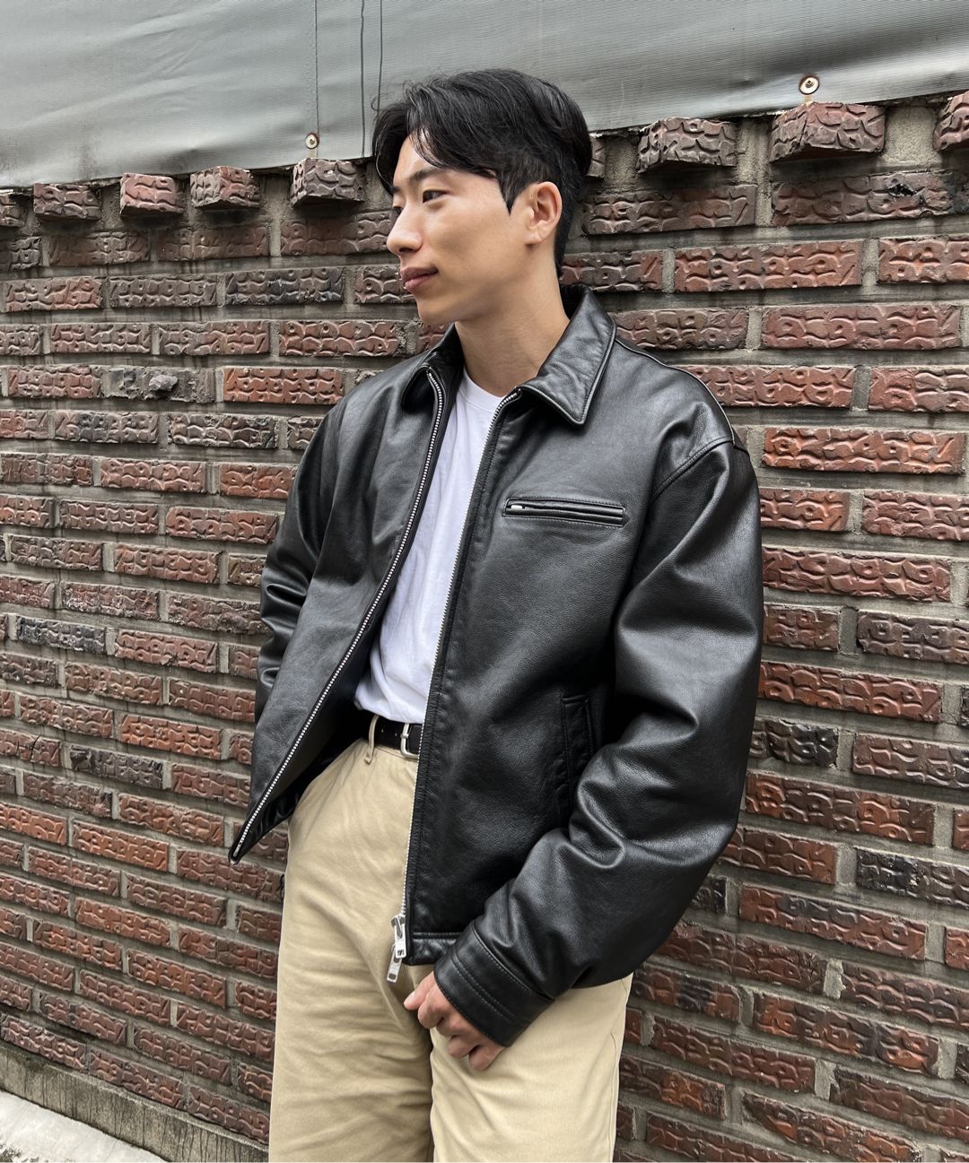 MUSINSA | DOFFJASON Washed Tee Core Leather Single Jacket BROWN
