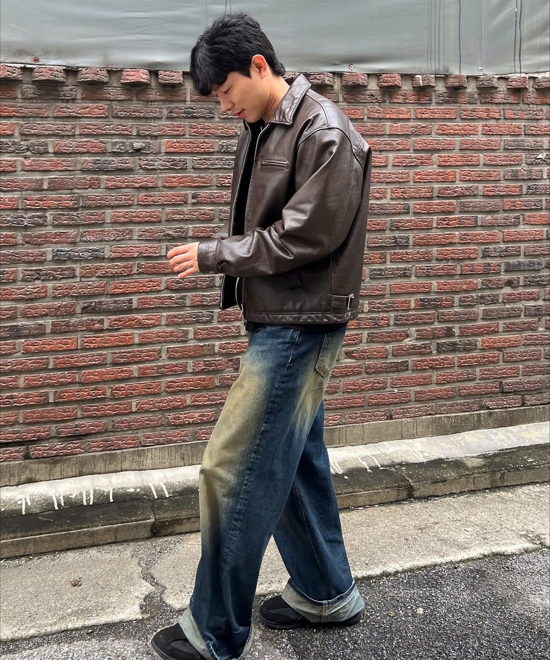 MUSINSA | DOFFJASON Washed Tee Core Leather Single Jacket BROWN