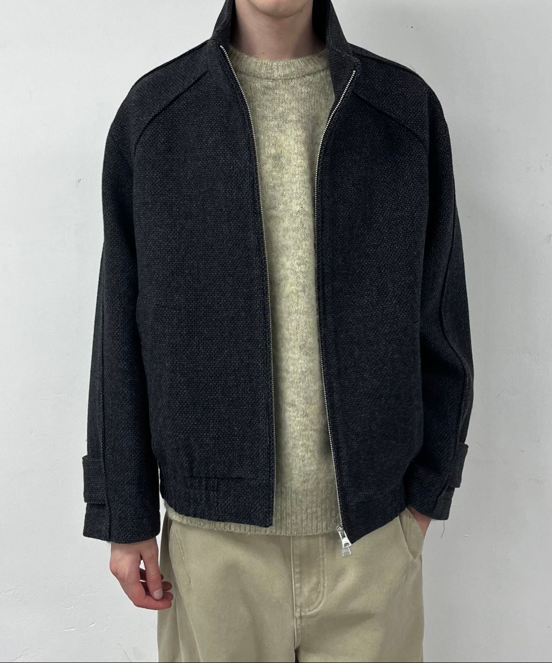 MUSINSA | FABREGAT Tweed Wool High Neck Blouson Jacket (Charcoal)