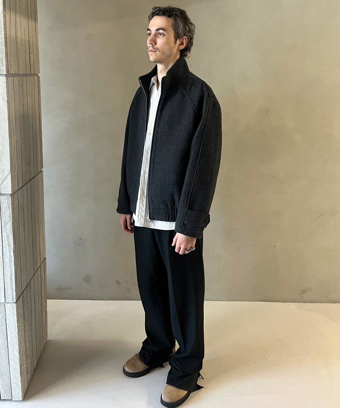 MUSINSA | FABREGAT Tweed Wool High Neck Blouson Jacket (Charcoal)