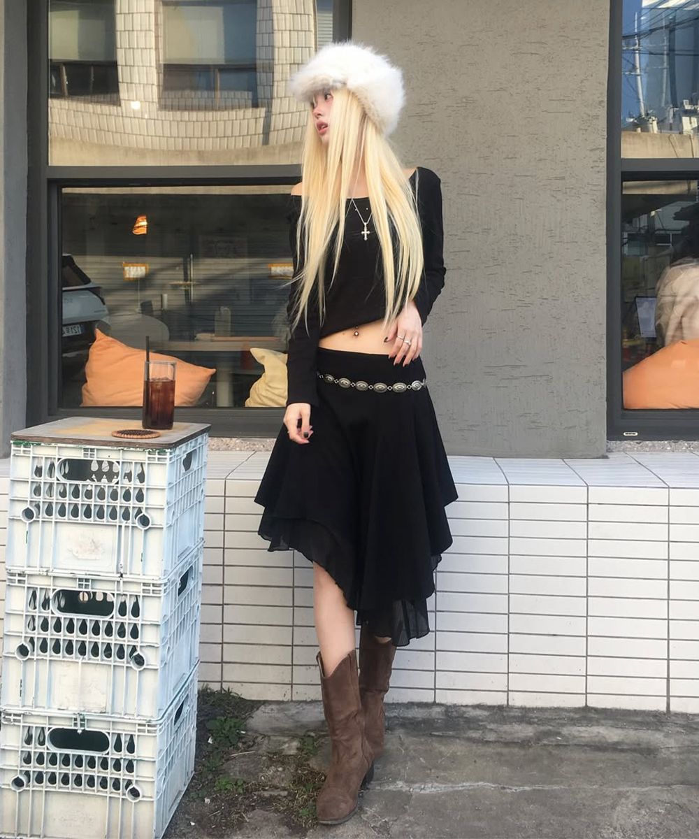 MUSINSA | MISEKI SEOUL Unbalanced layered skirt BLACK