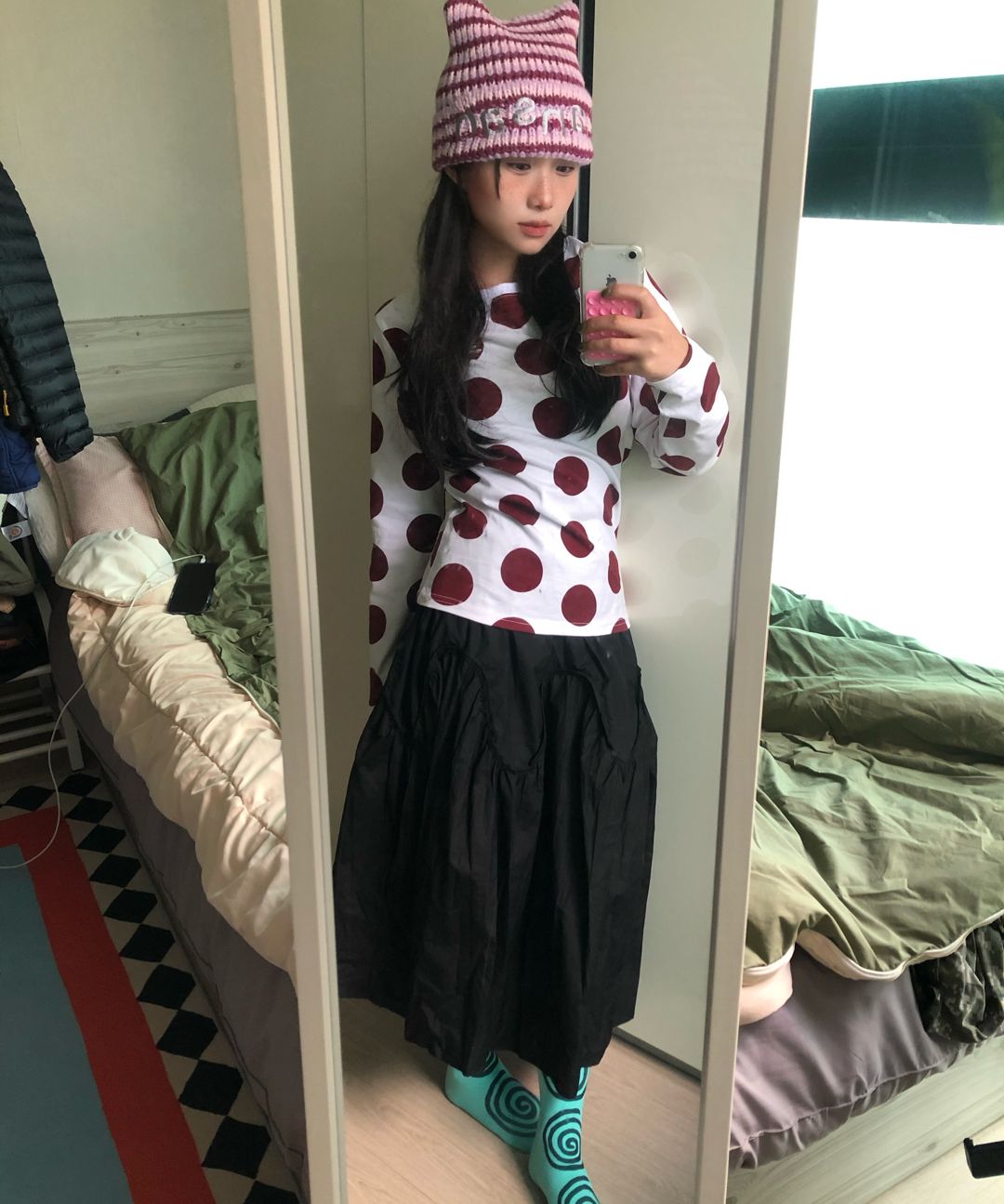 MUSINSA | TANSANMAGNESIUM Dot Pattern Long Sleeve (White/Red)