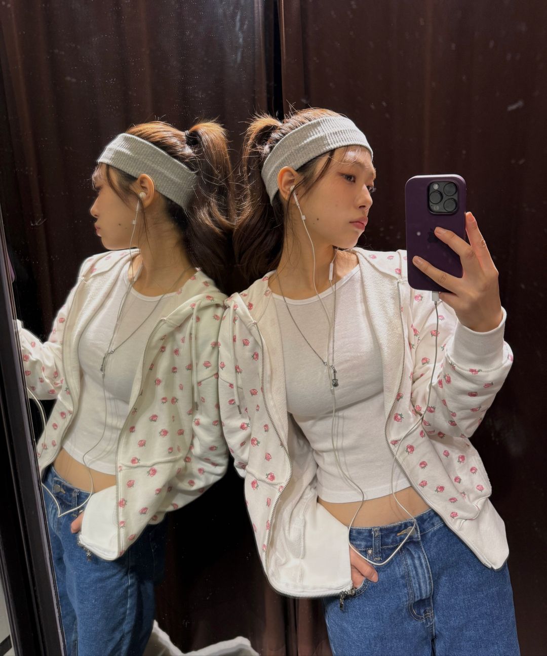 MUSINSA公式 | YOUHEE FLOWER PATTERN HOOD ZIP-UP_MELANGE GREY
