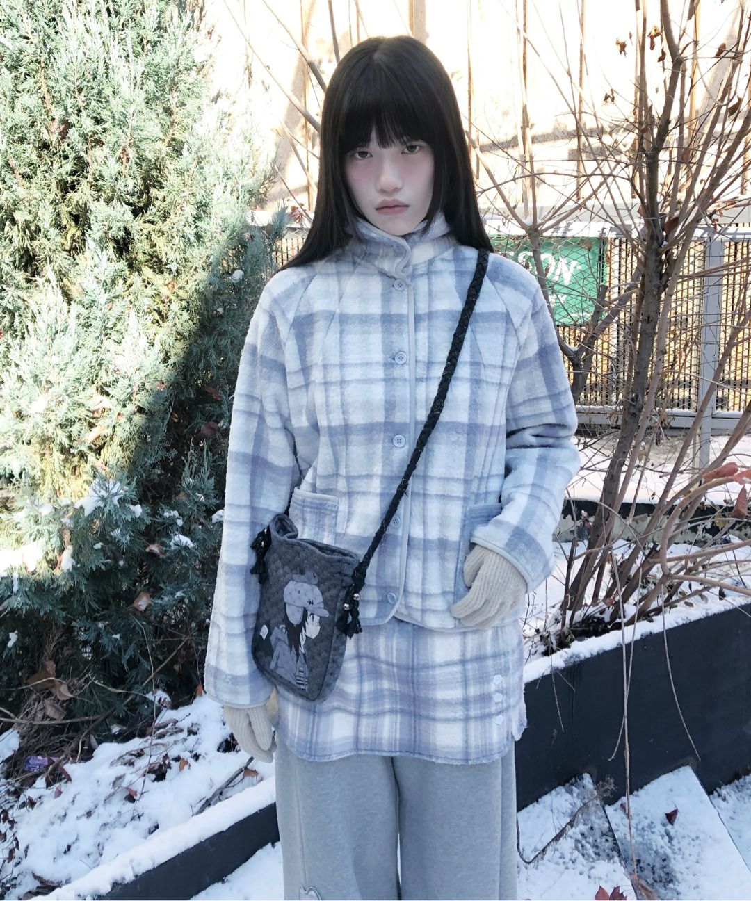 MUSINSA | HUG YOUR SKIN Round Collar Check Fleece Jacket (Pink Gray)