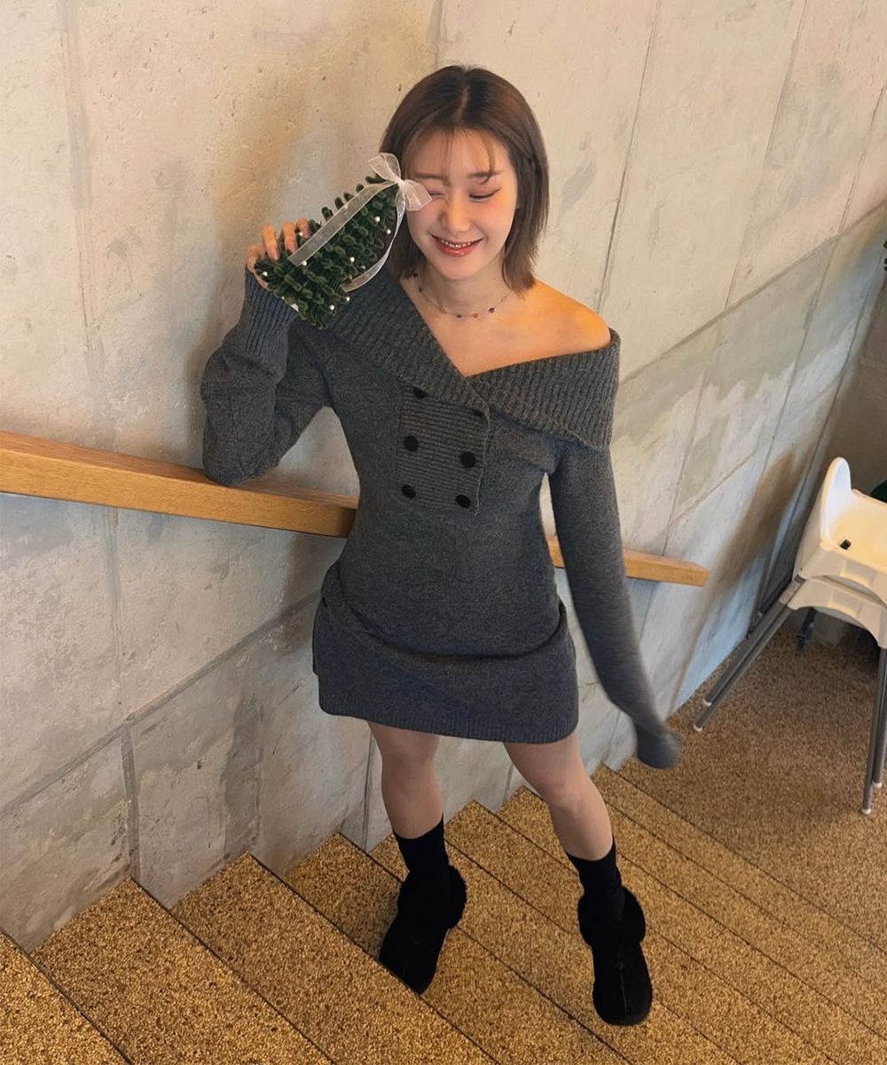 MUSINSA | MISEKI SEOUL double button knit one piece DARK GREY