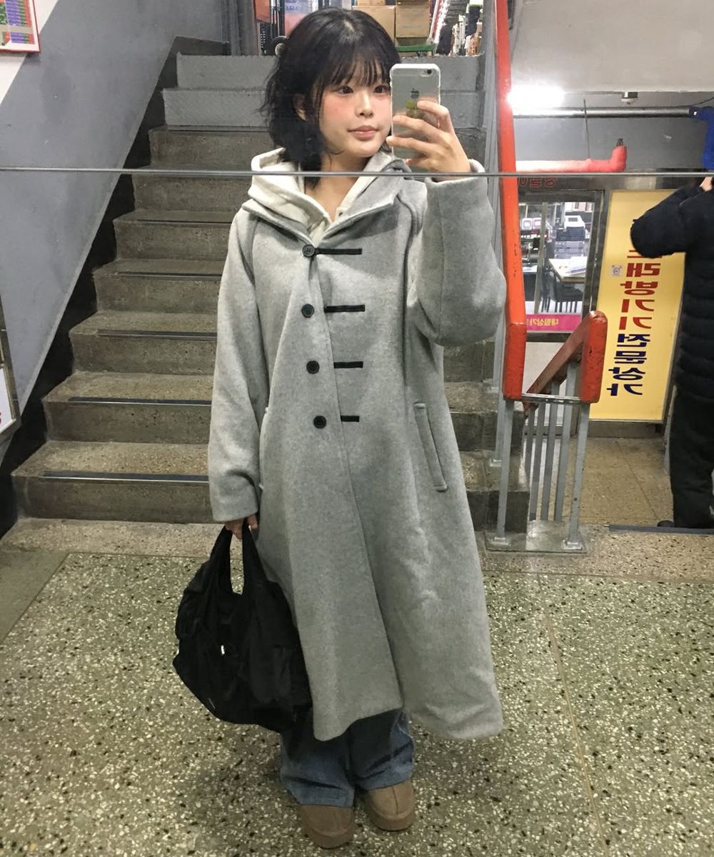 MUSINSA | MISEKI SEOUL Hoodie long duffle Coat CHARCOAL