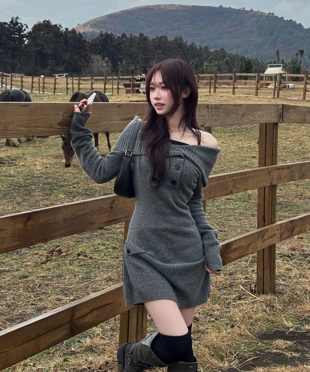 MUSINSA | MISEKI SEOUL double button knit one piece DARK GREY