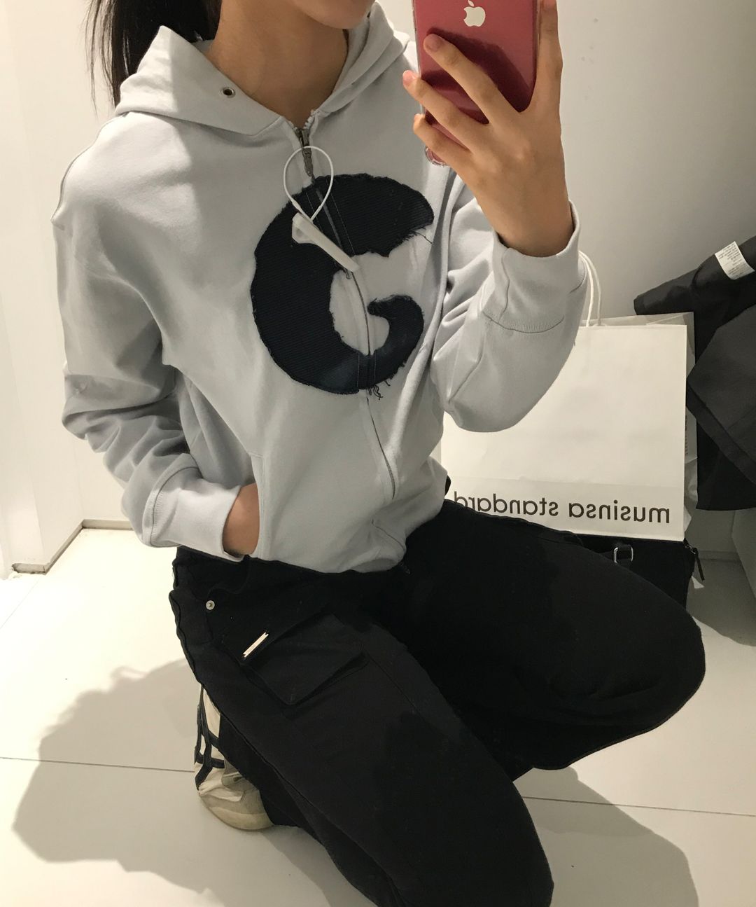 horn applique side zipper hoodie