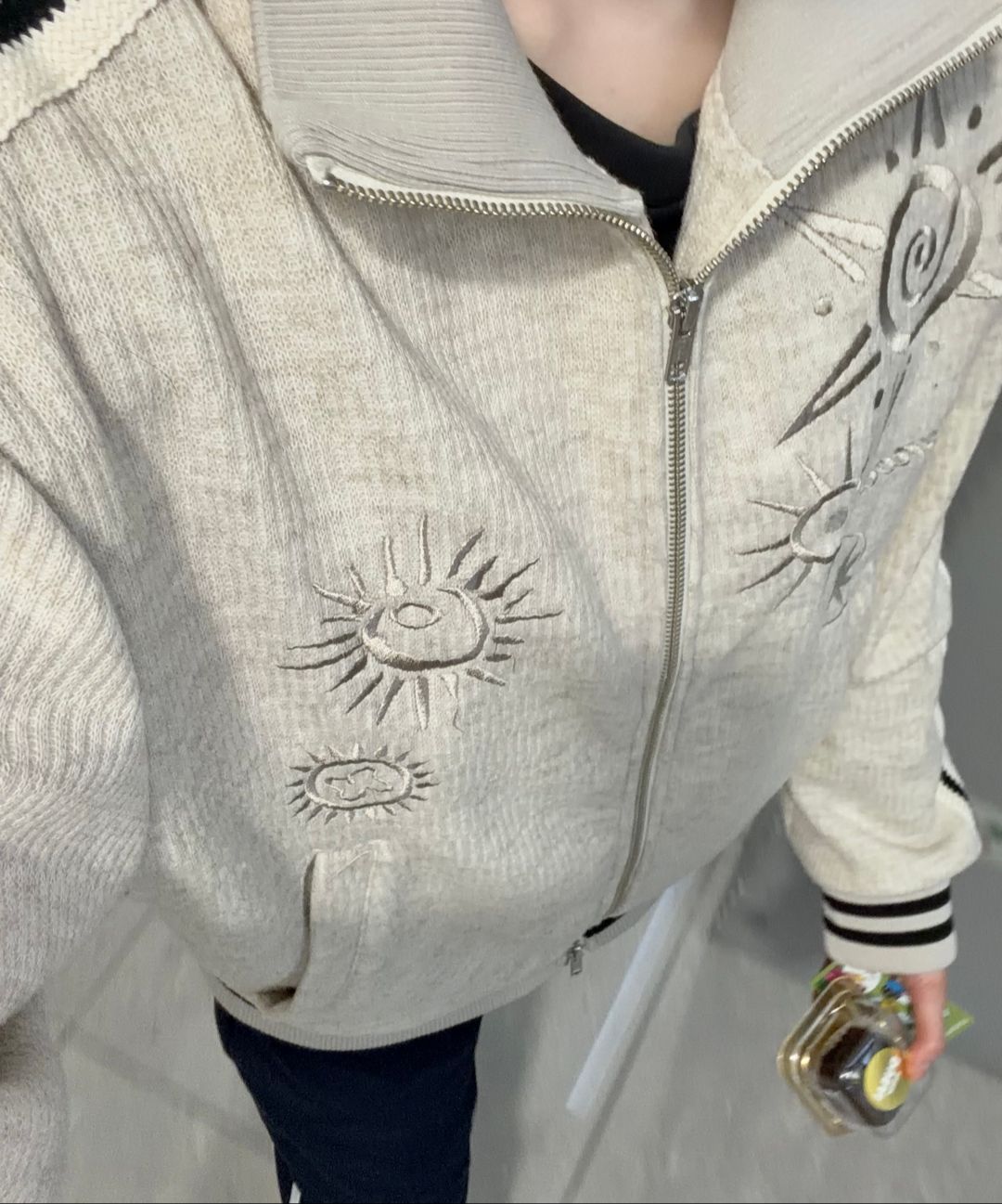 MUSINSA | EASY NO EASY Embroidered Track Zip-Up Knit - Ivory