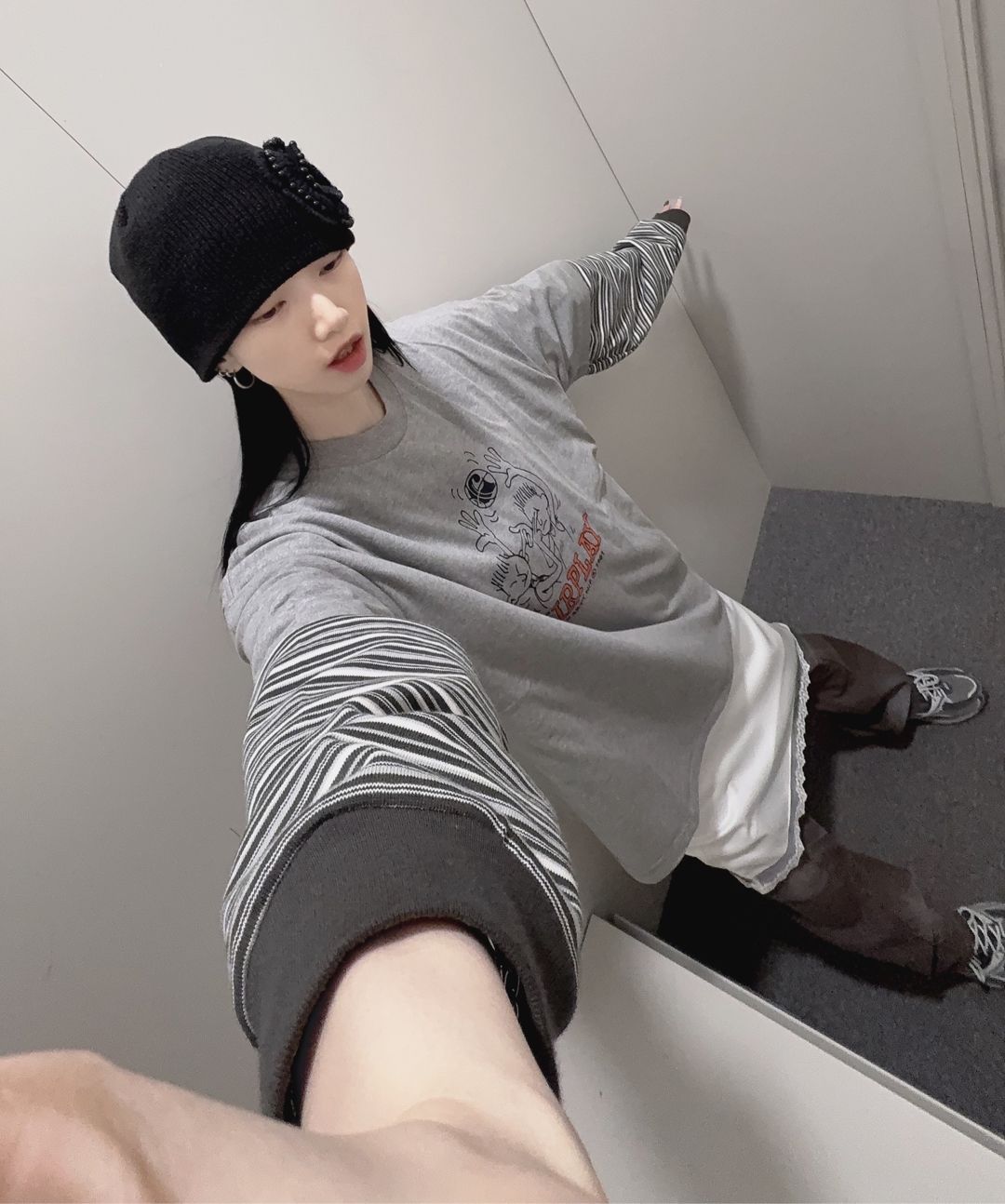 셋업이엑스이(SETUP-EXE) PEARL CORSAGE BEANIE / MELANGE GRAY