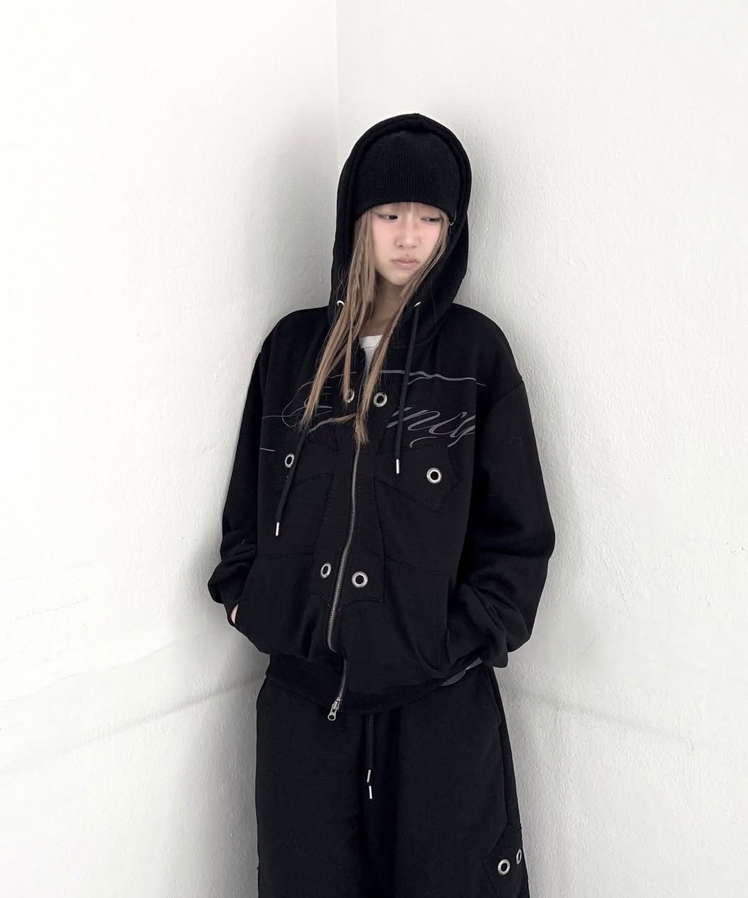 MUSINSA | FANCY CLUB Big Cross Eyelet Hoodie Zip-Up (BLACK) F26QB038