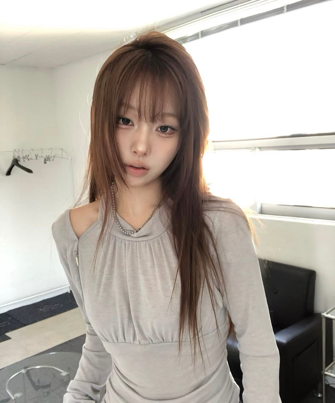 MUSINSA | DAMIO Layered Scarf Shirring Top (Light Gray)