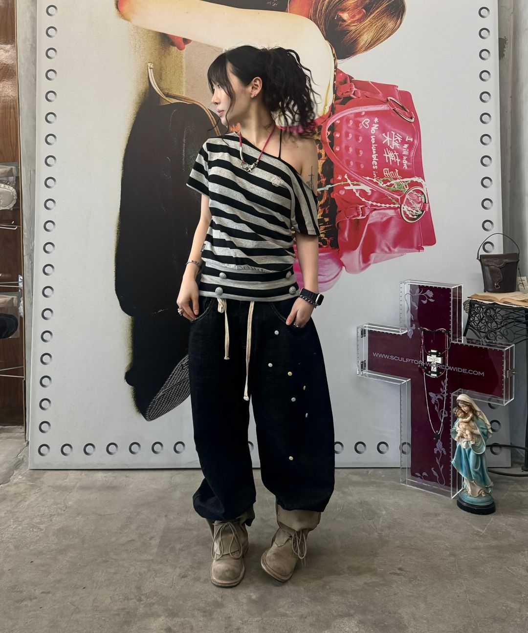 스컬프터(SCULPTOR) Button Stripe Tee Melange Gray - 사이즈 & 후기