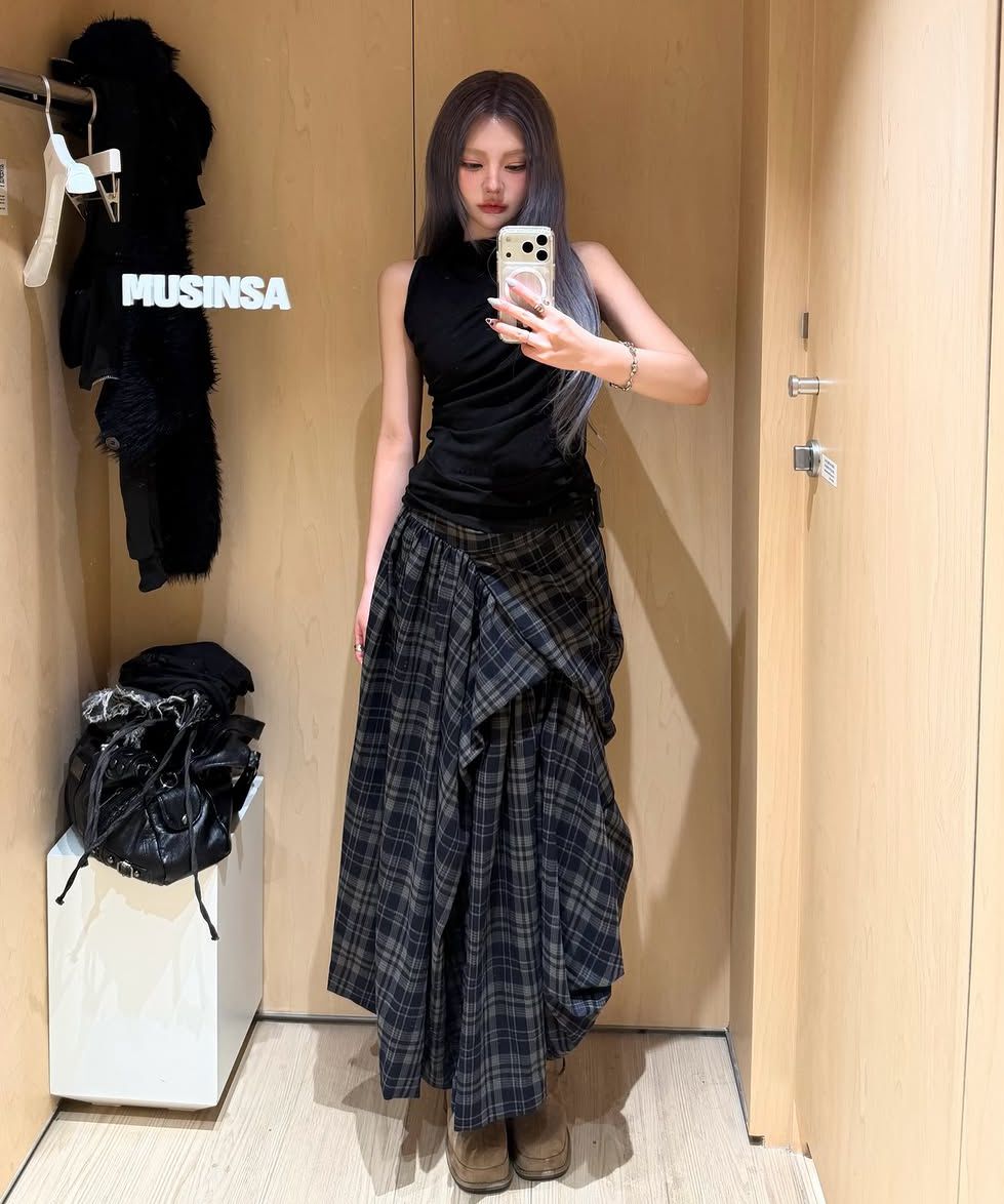 MUSINSA | FLAREUP Asymmetrical Draped Layered Long Skirt (FL