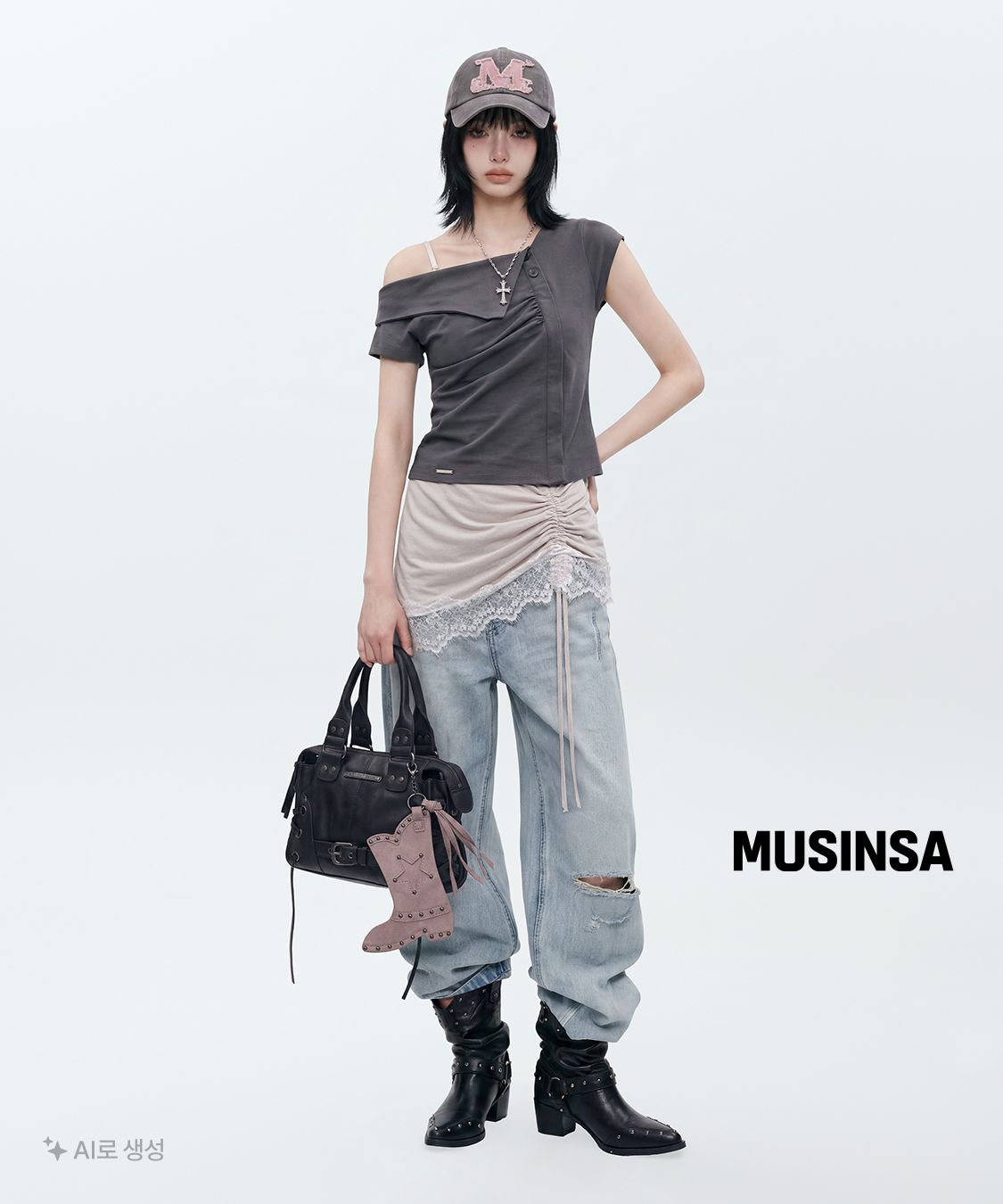 미세키서울(MISEKI SEOUL) Folding collar shirring top CHARCOAL