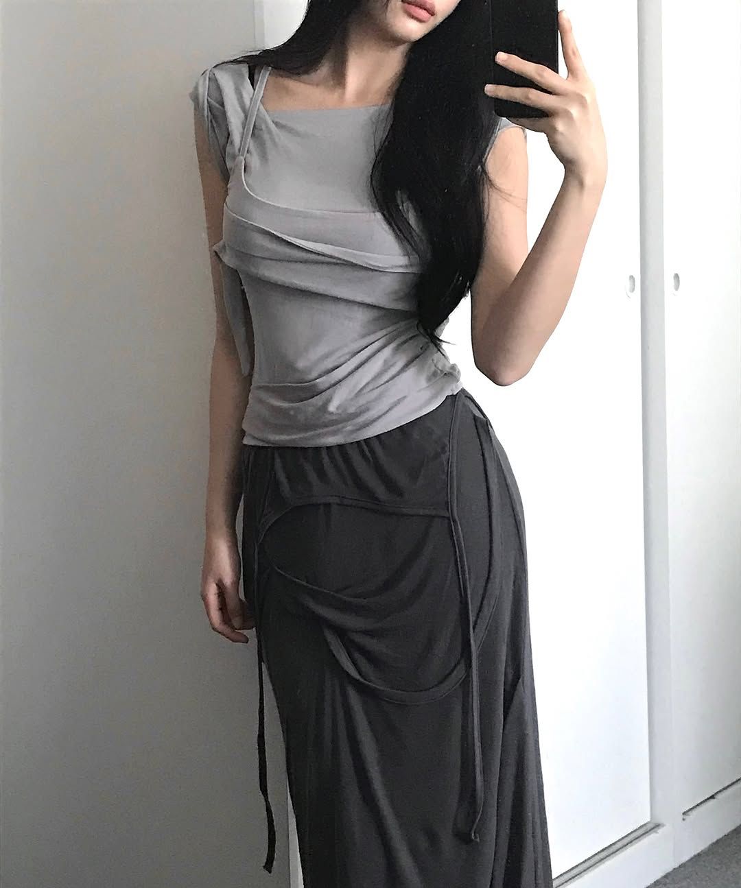 MUSINSA | FLAREUP Asymmetrical Draped Long Skirt (FL-263_Black)