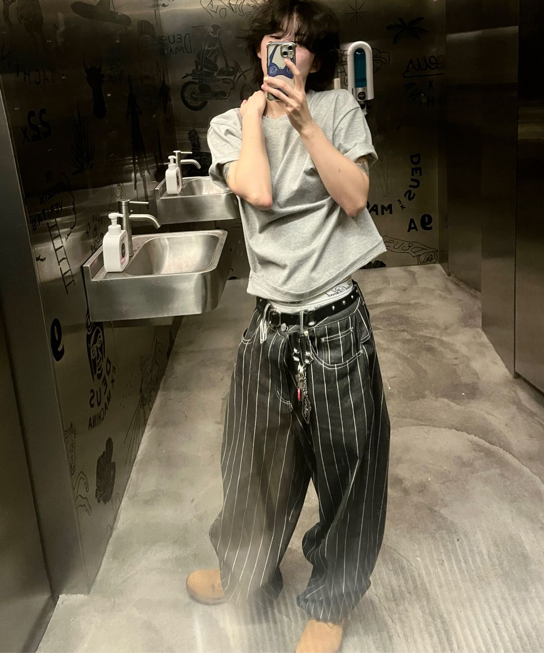 MUSINSA公式 | AAKAM Striped Cinch Back Denim Pants (Blue)