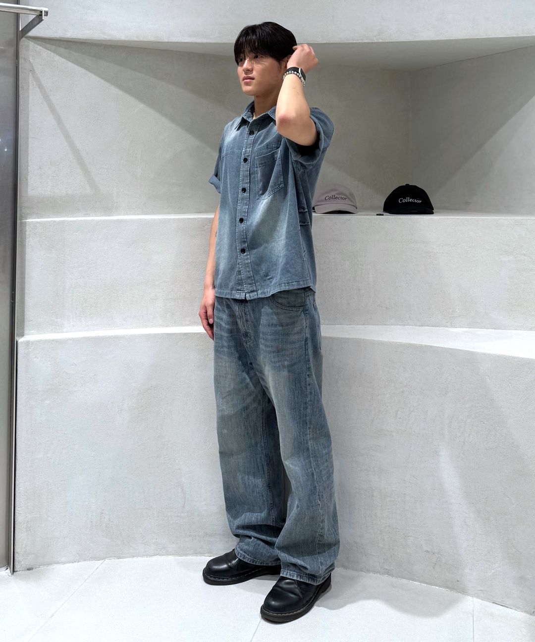 MUSINSA公式 | INSILENCE スラッシュウォッシングデニムシャツ WASHED GREY