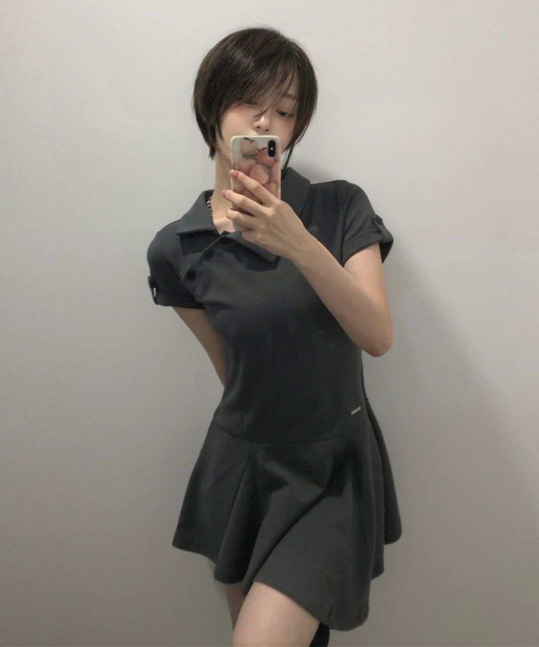 미세키서울(MISEKI SEOUL) Slash button flare one piece BLACK