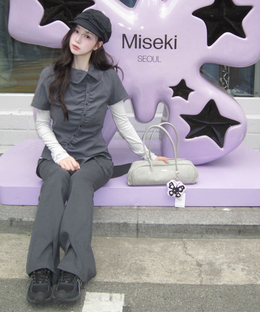 미세키서울(MISEKI SEOUL) High neck shirring button shirt CHARCOAL