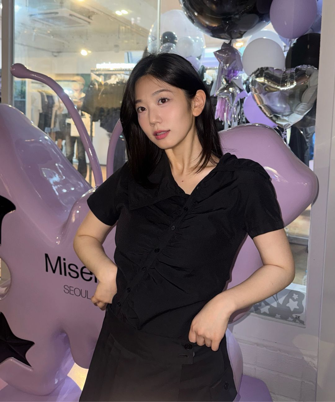 MUSINSA | MISEKI SEOUL High neck shirring button shirt CHARCOAL