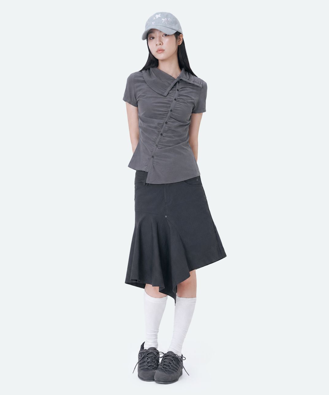 トップス Miseki SEOUL High neck shirring shirt MUSINSA | MISEKI SEOUL High neck shirring button shirt CHARCOAL