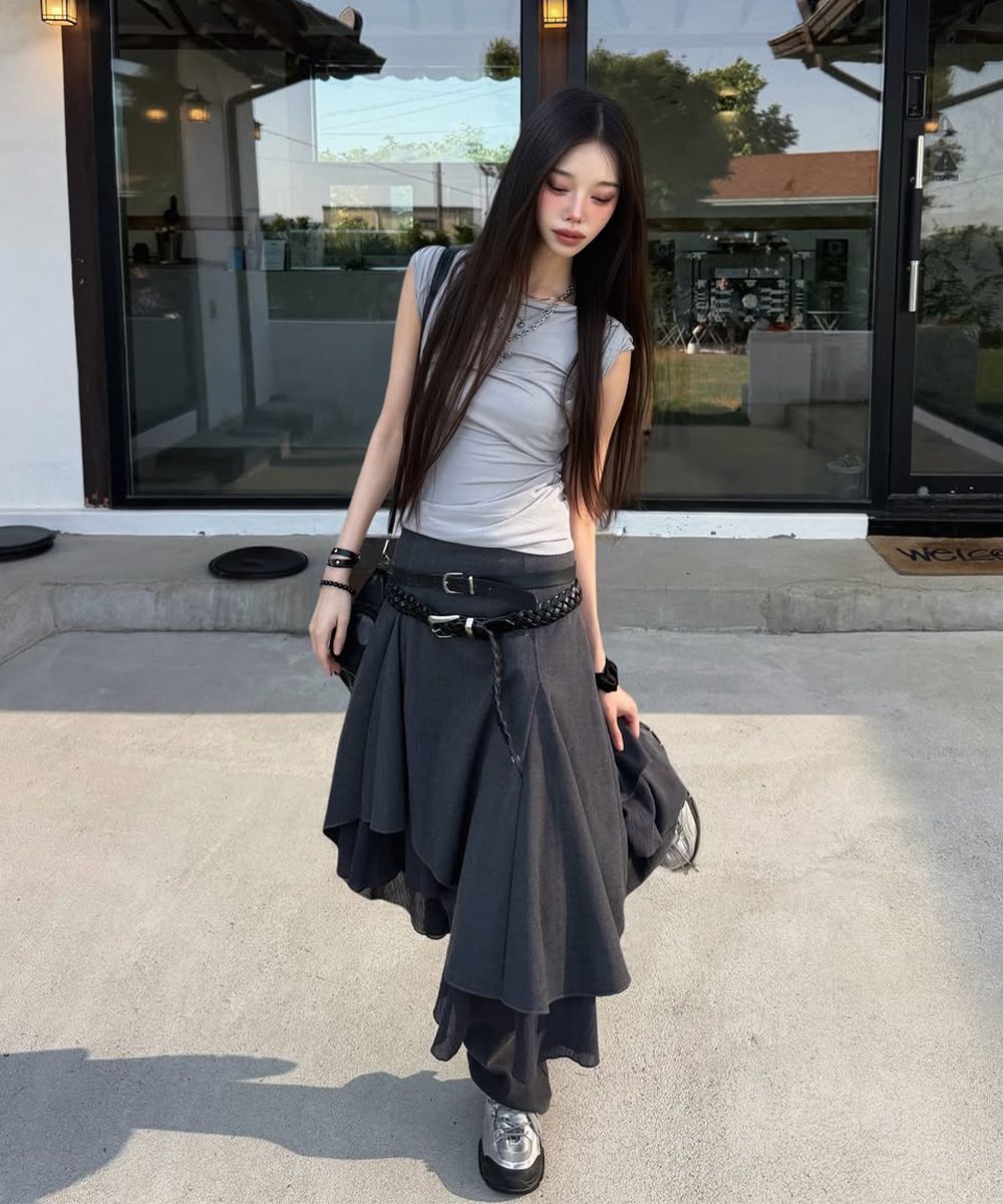 MUSINSA | MISEKI SEOUL Unbalanced layered skirt BLACK