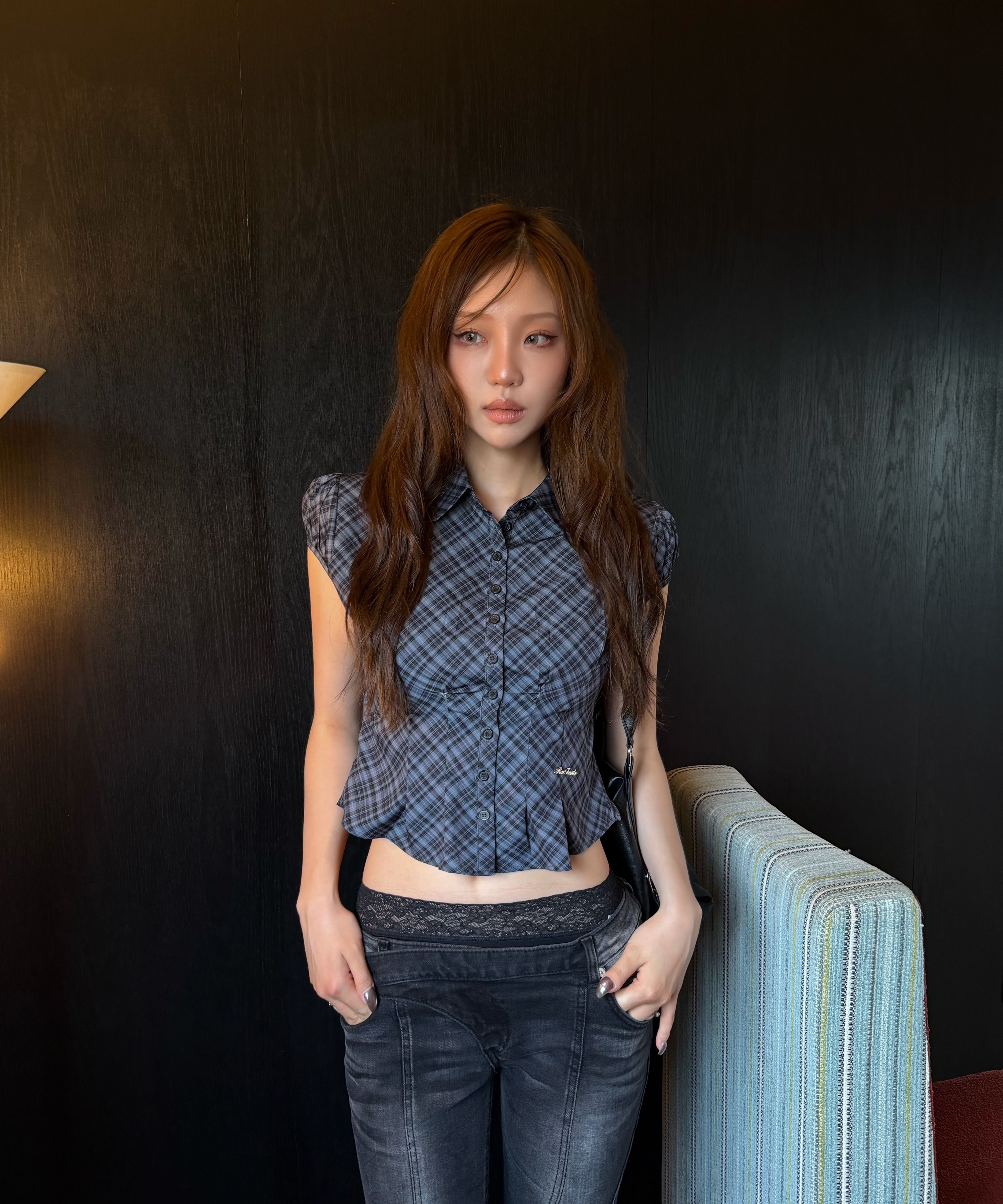 MUSINSA公式 | ROSEFRANTZ Check Puff Short Sleeve Blouse [Black]