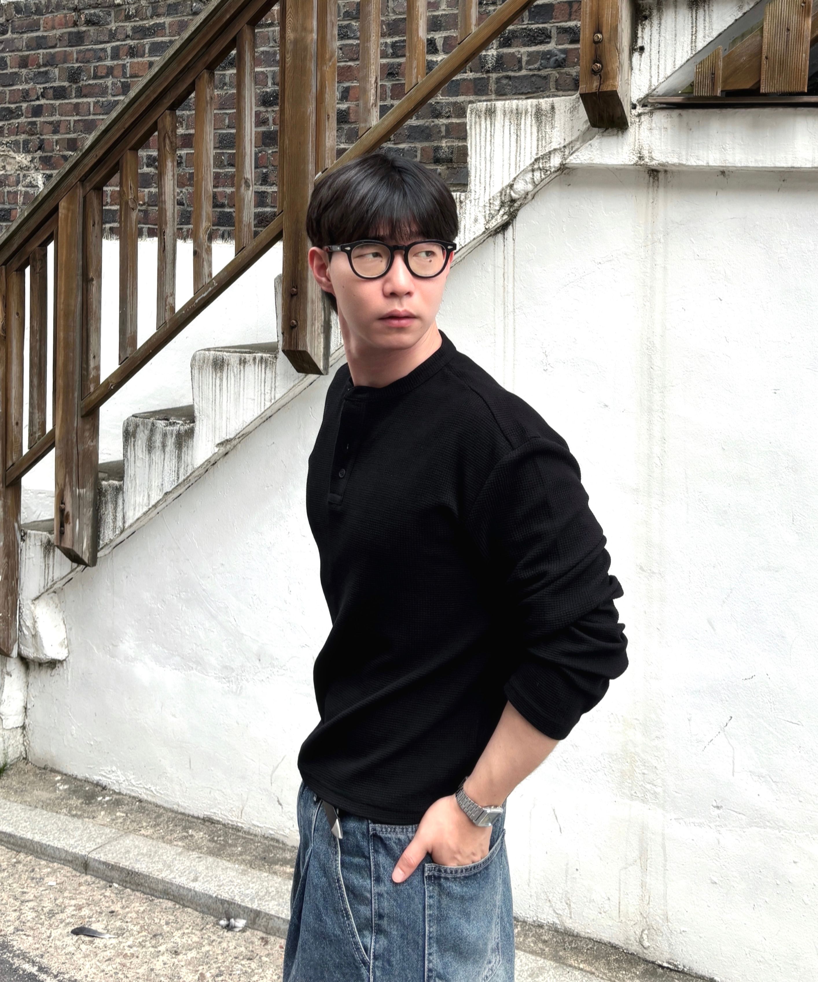 MUSINSA公式 | SIGNATURE クロップワッフルヘンリーネック長袖Tシャツ