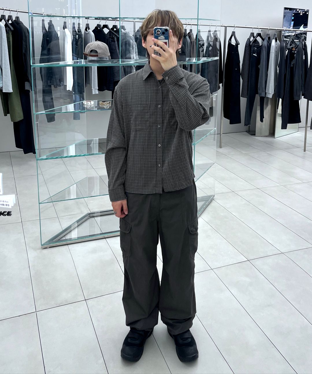 MUSINSA | INSILENCE Lightweight Cropped Check Shirt DARK GREY