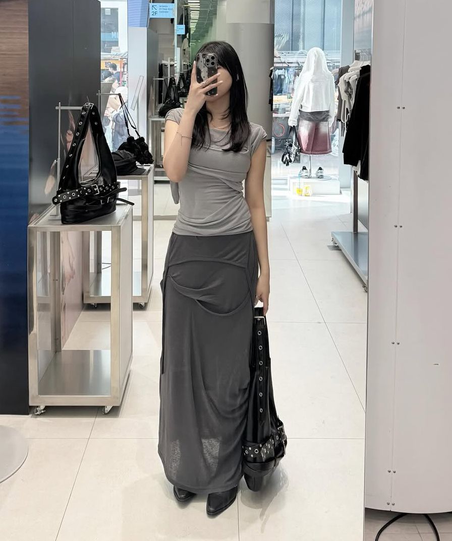 MUSINSA | FLAREUP Asymmetrical Draped Long Skirt (FL-263_Gray)