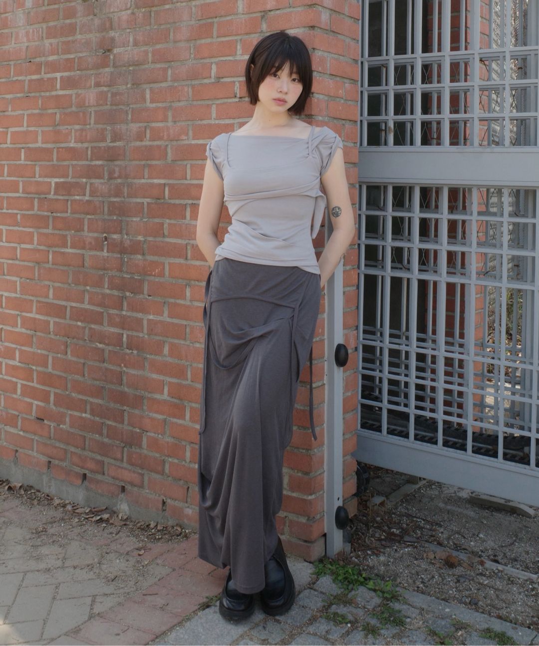 MUSINSA | FLAREUP Asymmetrical Draped Long Skirt (FL-263_Gray)