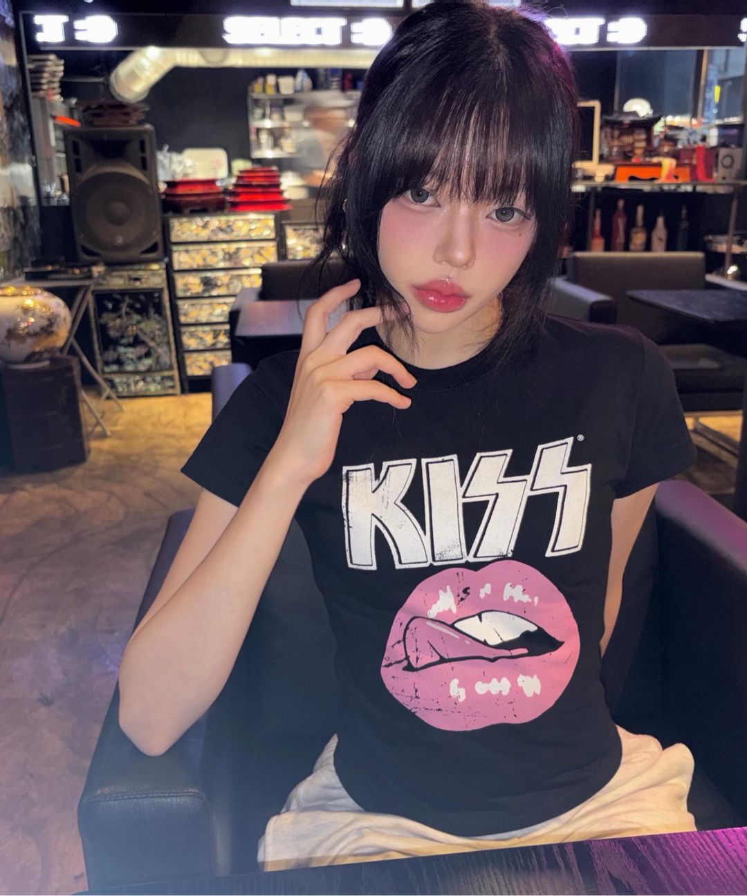 希少 USA製 90s ミス・ピギー ビッグTシャツ ビジュー パール装飾 黒