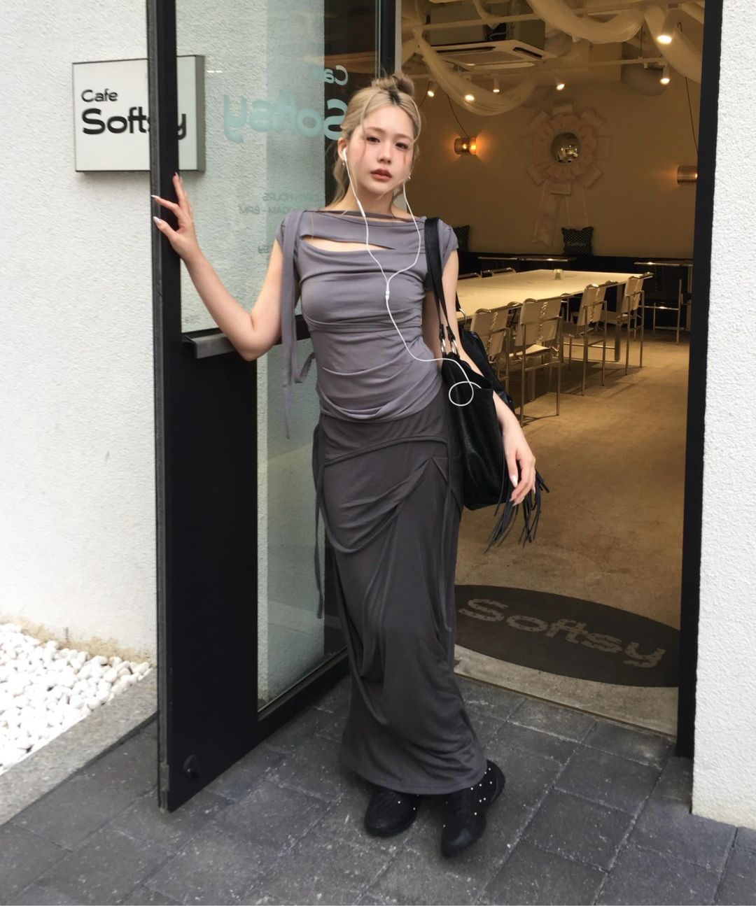 MUSINSA公式 | FLAREUP Asymmetrical Draped Long Skirt (FL-263_Dark