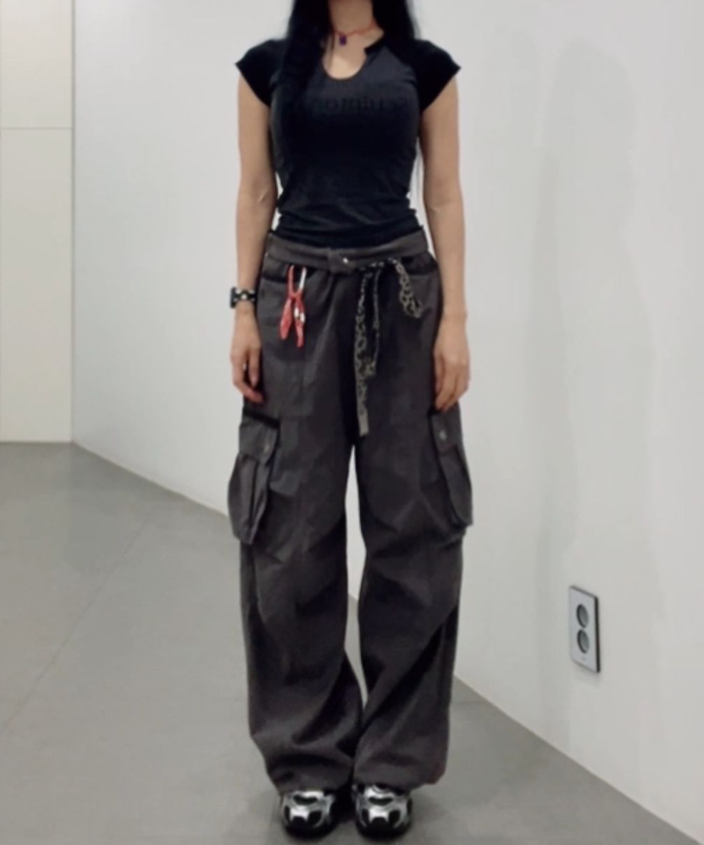 아캄(AAKAM) Knee Pin-tuck Contrast Cargo Pants (Black) - 사이즈