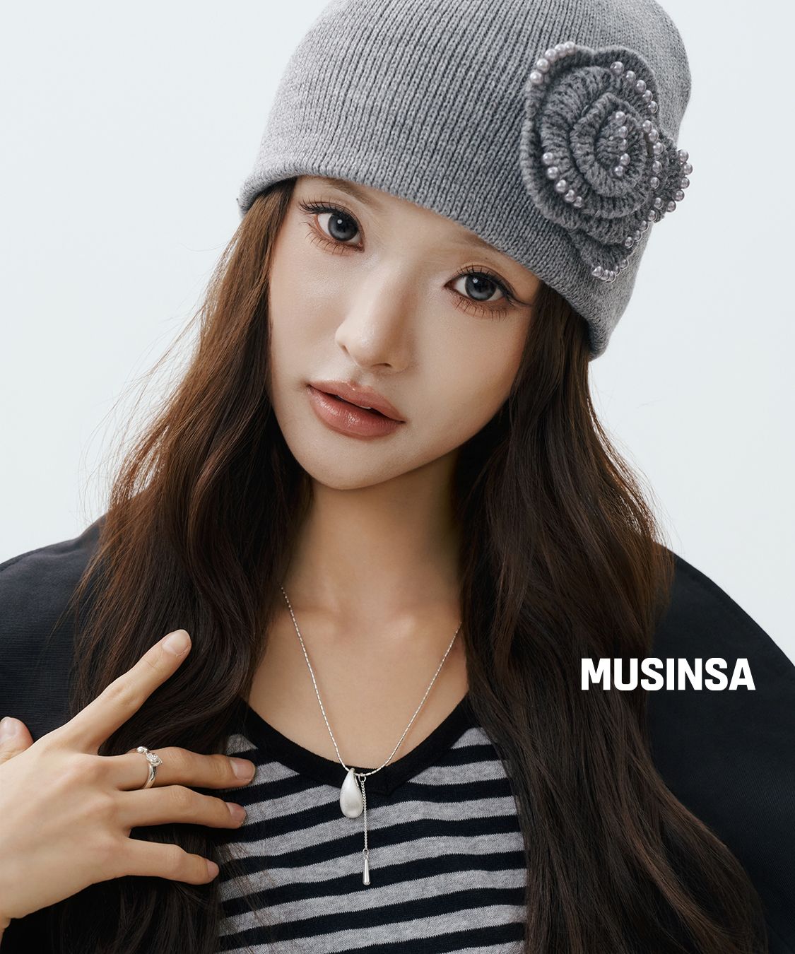 셋업이엑스이(SETUP-EXE) PEARL CORSAGE BEANIE / BLACK - 사이즈