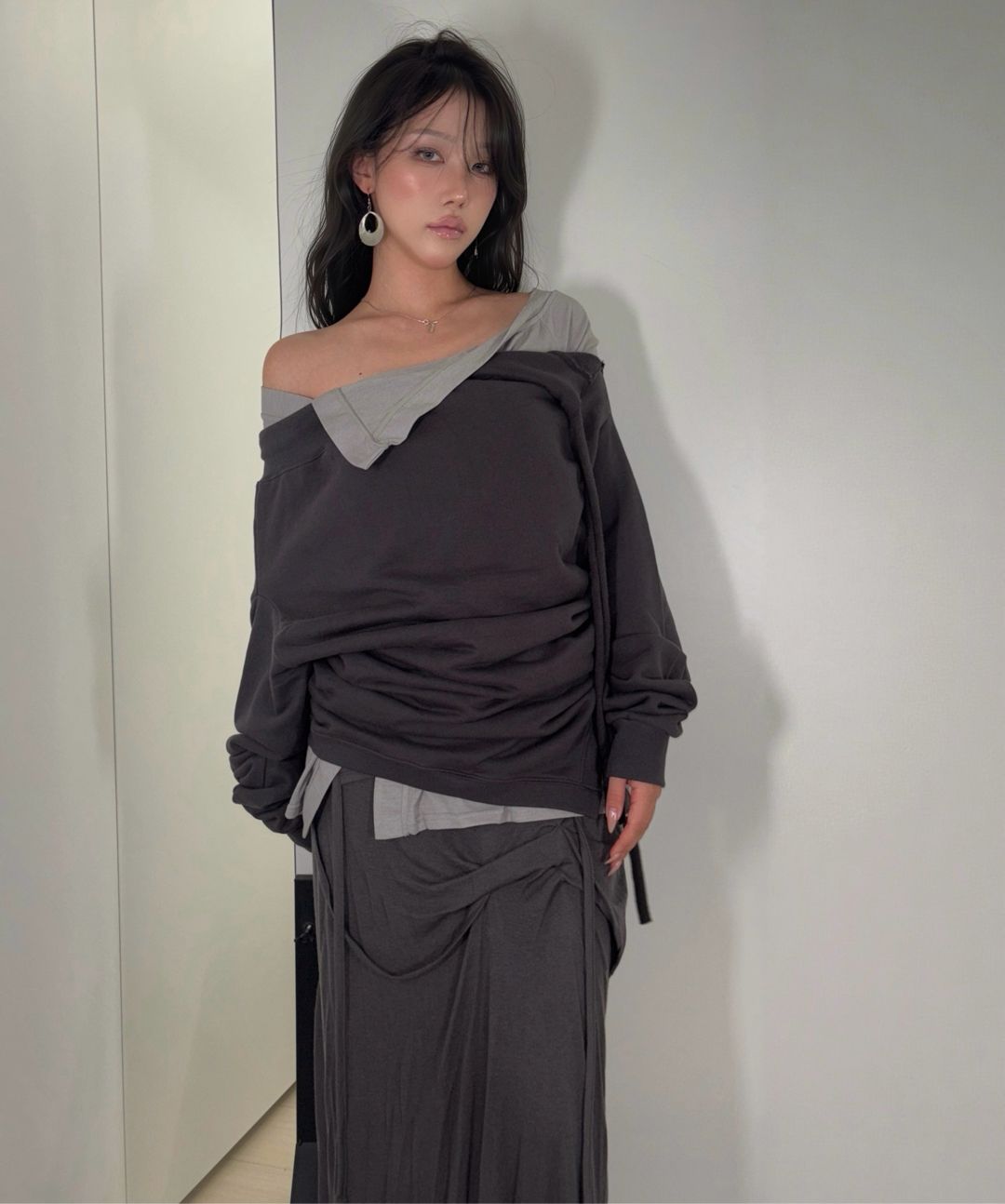플레어업(FLAREUP) Asymmetrical Draped Long Skirt (FL-263_Gray